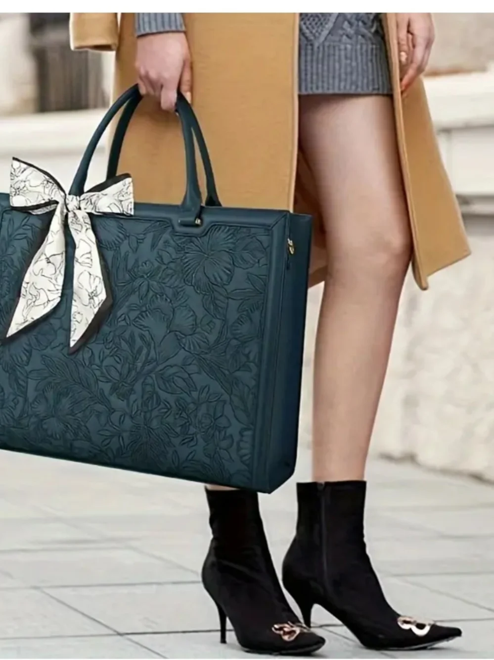 Nubily Vegan Leather Black Floral Embossed 15.6 Inch Laptop Tote